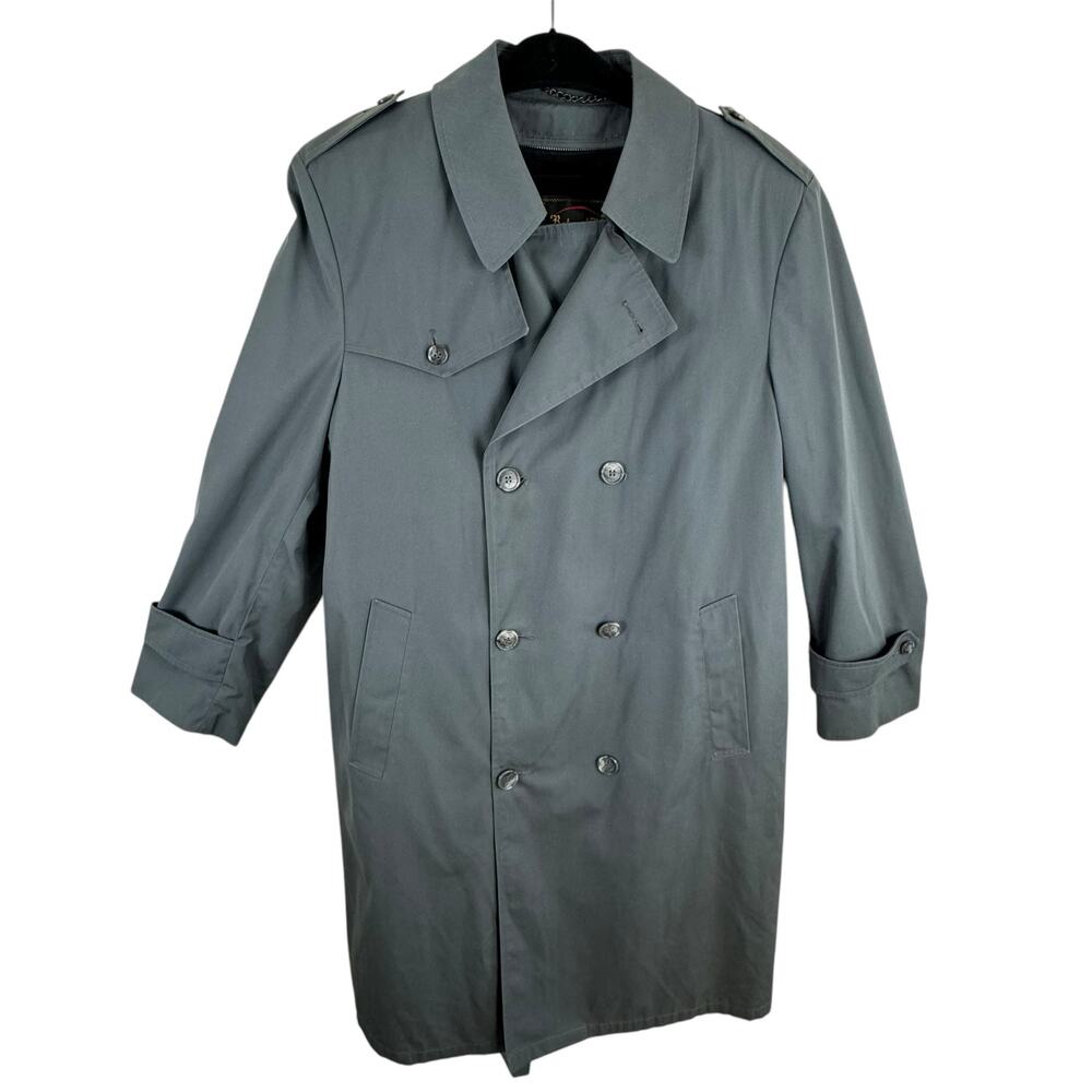 Vintage‎ Botany 500 Gray Double Breasted Button Up Faux Fur Trench Coat Size 42